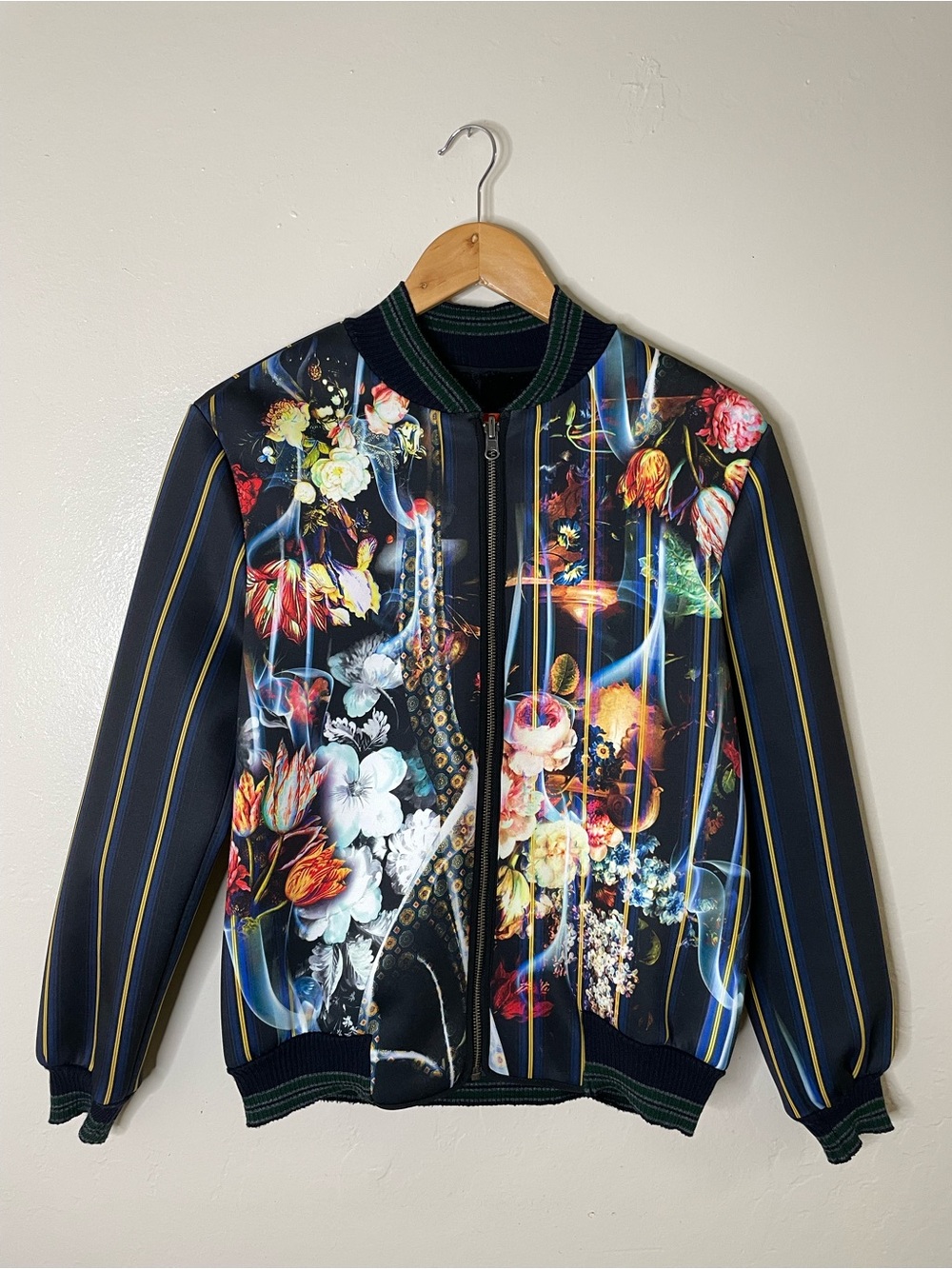 Clover Canyon black stripes floral fur lining full zip bumper jacket